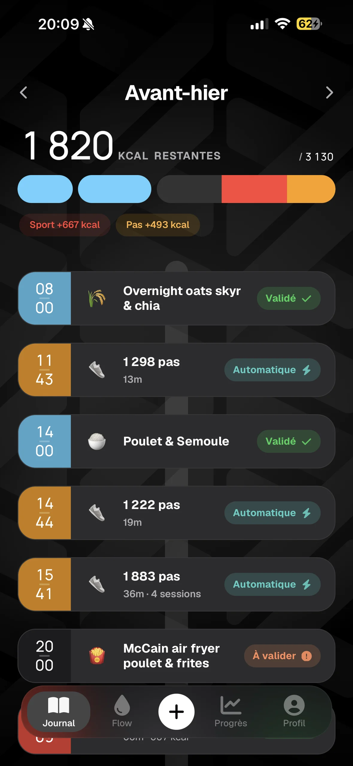 FormaFlow, onglet Journal avec calories et repas du jour